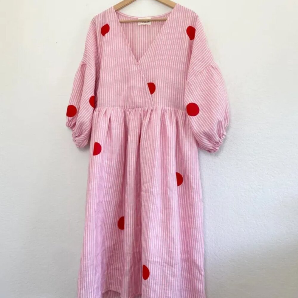 Joolee Pink Stripe Linen Midi Dress Circle Geometric Print Sz Large